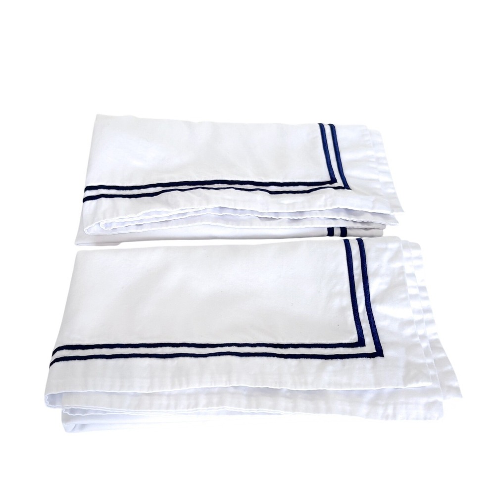 2 Pinzon Classic Embroidered Pillow Sham Set Standard White Navy Egyptian Cotton